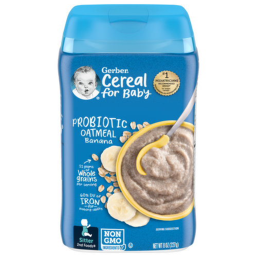 Cereal for baby. No. 1 pediatricians recommended brand (Among pediatricians who recommend infant cereal) for infant cereals. Start smart with little bites and big nutrition. Probiotics help promote digestive health when eaten daily. Just two servings meet baby's daily iron needs to support brain development and learning ability. That's so smart! Iron for growing brains. Simple goodness: No artificial flavors or colors. Sitter: Your baby may be ready for this cereal if they: Sit independently; Pick up and hold small objects in hands; Reach for food or spoon when hungry; Use upper lip to help clear food off of spoon. This package is sold by weight, not volume, and may not appear full due to settling of contents. Every bite counts! We take action to protect the planet so Gerber babies will grow and thrive for generations to come. Visit Gerber.com/sustainability to learn more.