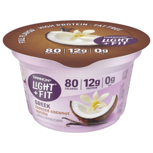 Give your taste buds a reason to rejoice with Dannon Light + Fit Toasted Coconut Vanilla Greek Nonfat Yogurt. Our Greek nonfat yogurt comes in single-serve cups, so you can live your life uninterrupted and enjoy them on the go. And with 80 calories and 12g of protein per 5.3 oz serving, it’s a delicious, convenient option that helps you stick to a healthy routine.
At Light + Fit, we believe that healthy living feels lighter when defined by what’s right for you. We commit to opening the door to a world of health where you are free to be who you are. With our wide selection of yogurts and protein smoothies, we make it easier to define healthy living with joyfully, fulfilling foods and experiences that are in tune with your unique body needs. Light + Fit nonfat yogurt and nonfat yogurt drinks are not only delicious, but also fit nicely into your wellness routine. Add Some Light to your day with Light + Fit!