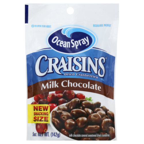 Milk chocolate covered sweetened dried cranberries. New. Resealable package. A satisfying snack that's perfect at home or on the go. Treat yourself to Ocean Spray Milk Chocolate Covered Craisins Dried Cranberries! We've taken the Craisins Dried Cranberries you love and dipped them in premium milk chocolate for a snack you can feel good about giving your whole family. For recipes and information about all our great Craisins Dried Cranberries products, visit us at www.craisins.com. Needs no refrigeration after opening.