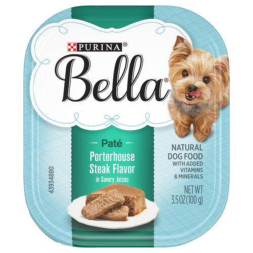 Calorie Content (calculated)(ME): 970 Kcal/kg, 97 kcal/tray. Purina Bella Porterhouse Steak Flavor is formulated to meet the nutritional levels established by the AAFCO Dog Food Nutrient Profiles for maintenance of adult dogs.