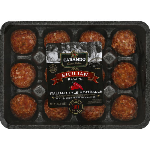 Bold & spicy red pepper flavor. Classic Italian. US inspected and passed by Department of Agriculture. BHA, propyl gallate and citric acid added to help protect flavor. Previously handled frozen for your protection. Old world flavors. These bold flavored Italian Style meatballs include spicy red peppers, characteristic of the region of Sicily, Italy. Spice up your spaghetti and meatballs night with the true essence of Sicily. However you choose to serve it, Sicilian Recipe Italian Style Meatballs will deliver old world flavors in classic Italian style. Gluten free. No MSG. No fillers. Questions or comments? Save this package and call 1-888-327-6526. For recipes, visit www.carando.com.