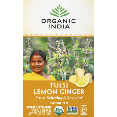 Organic India Herbal Supplement, Tulsi Lemon Ginger, Caffeine Free, Infusion Bags