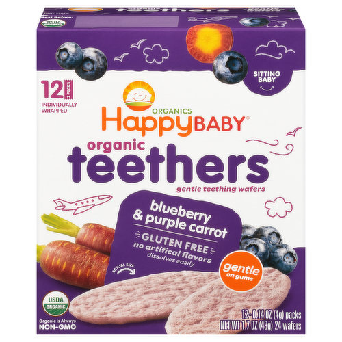 Our easily-dissolving blueberry & purple carrot teething wafers are the perfect first snack for Baby’s developing gums. Made with jasmine rice flour and a touch of organic fruits and vegetables, they're sure to soothe and delight.