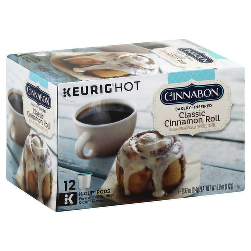 Light-roast coffee swirled with the taste of Cinnabon cinnamon, brown sugar, and frosting. Natural and artificially flavored coffee. Bakery inspired. For use in all Keurig K-Cup brewers. Treat yourself to a little escape from the everyday with Cinnabon coffee. We've combined the indulgent taste and irresistible aroma of a fresh baked treat with the finest 100% Arabica coffee beans. Go ahead and enjoy the world-famous flavors of Cinnabon wherever you are, because your deserve it. Life needs frosting. www.Keurig.com. Find us on Facebook.com/Keurig or Twitter.com/Keurig. For inquiries contact: Keurig Green Mountain, Inc. 1-866-901-Brew/1-866-901-2739. This package is made with a minimum of 35% post-consumer materials. Printed in the USA.