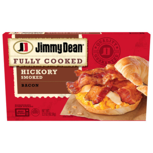 Start the morning off right with the delicious taste of Jimmy Dean Hickory Smoked Bacon. This fully cooked hickory smoked bacon has 5 grams of protein per serving to help give more power to a busy morning. Simply heat and serve this sliced bacon with scrambled eggs and toast for a traditional breakfast. Each package includes 2.2 oz of fully cooked bacon. Keep this bacon refrigerated.