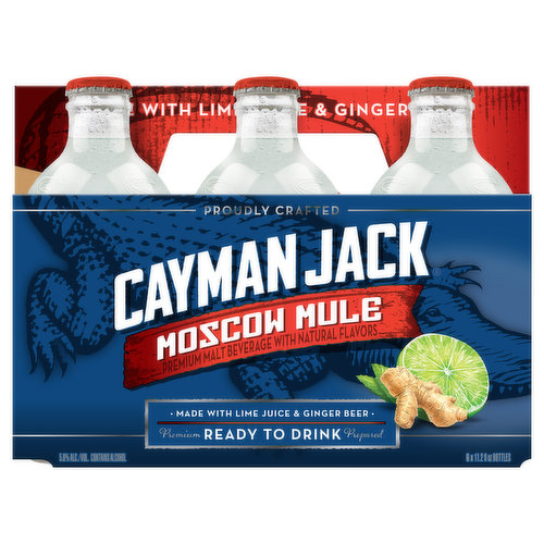 Made with lime juice & ginger beer. Proudly crafted. Premium ready to drink prepared. The Legend of Cayman Jack. They say he walked away from a run-in with a 10-foot black Cayman. They say a lot about Cayman Jack - but of all the rumors, one was true. Cayman Jack sure could fix a drink. His rivershack bar was hard to find and even harder to leave. Nobody quite knew how he did it, but everyone knew that Cayman Jack mixed the perfect drink every time. Crafted to remove gluten. Cayman Jack is fermented from grains that contain gluten and crafted to remove gluten. The gluten content cannot be verified and this product may contain gluten. For more information on how Cayman Jack is crafted to remove gluten go to caymanjack.com.
