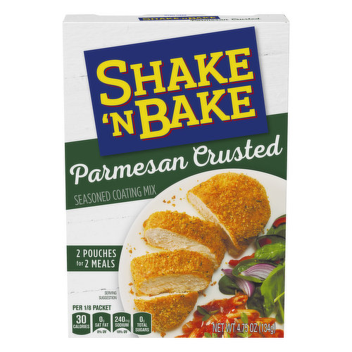 Per 1/8 Packet: 30 calories; 0 g sat fat (0% DV); 240 mg sodium (10% DV); 0 g total sugars. 2 pouches for 2 meals. Kraft Shake 'N Bake Parmesan Crusted Seasoned Coating Mix adds a crispy crust to your chicken or pork without the mess of frying for a quick home-style meal. This crispy coating is perfectly seasoned with savory flavors for a delicious, irresistible crunch. For simple prep, moisten the chicken or pork, shake it in the coating and bake it until it's fully cooked. Use it with bone-in or boneless chicken or pork to make crispy baked chicken, a crispy chicken sandwich or easy chicken nuggets. Or get creative with Parmesan potato wedges, veal Parmesan or eggplant Parmesan. Each 4.75 ounce box contains two pouches of coating mix, so you can enjoy more than one family dinner over oven baked crispy chicken or pork. This extra-crispy seasoning is all you need to take your home-style chicken and pork from good to incredible.