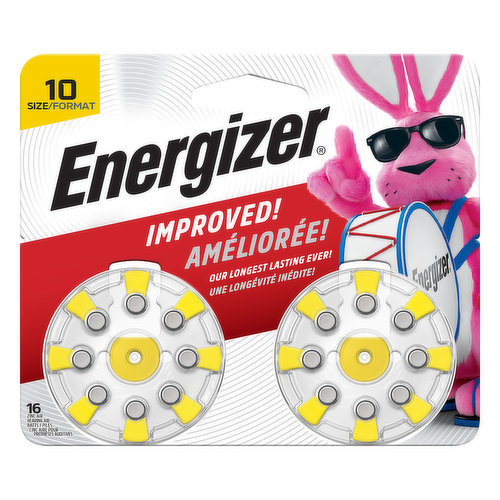 1.45v zinc air batts. Improved! Our longest lasting ever! Replaces all size 10. Refer to the Hearing Aid Manufacturer's manual for battery use. www.energizer.com. 100% packaging recyclable if available in your area. Made in the USA with US and global parts.
