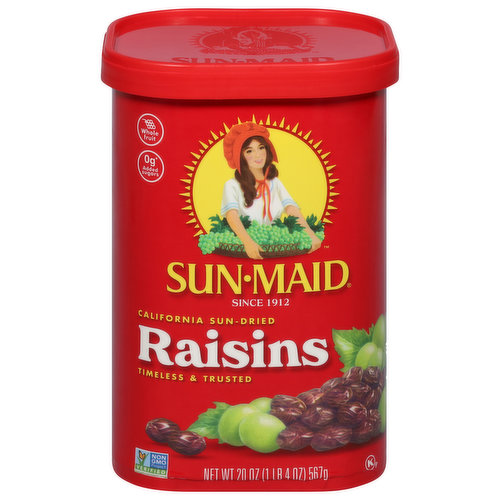 Made with nothing but grapes and California sunshine, Sun-Maid® Raisins’ timeless and trusted goodness has been a healthy snack for kids and grown-up alike since 1912. These grab n’ go snacks are made with whole fruit and are Non-GMO Project Verified. Sun-Maid® is the timeless and trusted go-to snack that's simple, versatile and better-for-you. Make Sun-Maid® California Sun-Dried Raisins a part of your daily routine, at home or on the go.