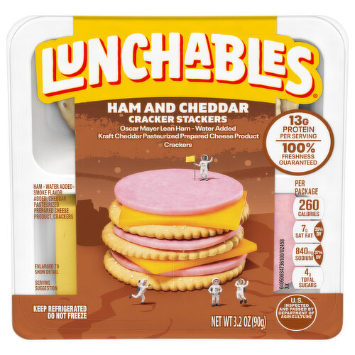 Ham - water added - smoke flavor added, cheddar pasteurized prepared cheese product, crackers. Please recycle this card.