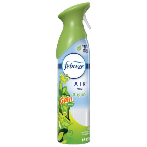 100% natural propellant. With gain scent. Fights odors & freshens. Long lasting freshness. Water-based formula. With a corn-derived odor fighter. No dyes. No formaldehyde. No phthalates. No flammable propellants. Safe when used properly around cats and dogs. As with other air care products, not for use around birds.