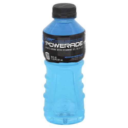 Sports drink with vitamins B3, B6 & B12. Mixed berry flavored + other natural flavors. Advanced electrolyte system. 130 calories per bottle. Please recycle. Consumer information call 1-800-343-0341. www.uspowerade.com. mycokerewards.com. Find code under the cap. Enter online. Open to legal residents of 50 US (& DC) 13 & older. See rules online. X Ion4: sodium; potassium; calcium; magnesium. Helps replenish 4 electrolytes lost in sweat.