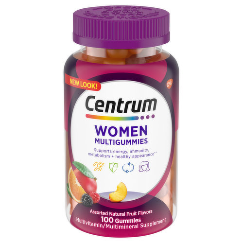 Centrum MultiGummies Gummy Multivitamin for Women is a daily multivitamin/multimineral supplement specially formulated to promote full-body wellness, with 100% of the recommended daily value of vitamins B12, D and biotin in a great-tasting, easy-to-take gummy form. These women's gummy multivitamins contain B vitamins as a metabolism and energy supplement to support your daily needs and help your body process fats, carbohydrates and proteins. Each women's multivitamin gummy also delivers biotin, vitamin A and antioxidants such as zinc and vitamin C for immune support and to help maintain a healthy appearance. With 100 cherry, berry and orange gummies in every bottle, these women's vitamins offer a delicious option to get all the nutrients you need with no artificial flavors or sweeteners. Support your body head to toe by taking two gummies every day with or without food or water. Feed your cells, fuel your life with Centrum, the #1 doctor and pharmacist recommended brand.