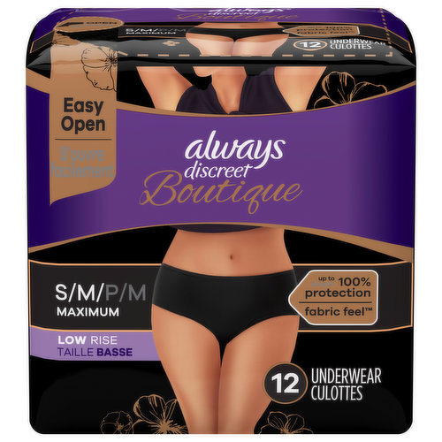 Who said women should have only one style of bladder leaks underwear? Always Discreet Boutique Underwear Small/Medium comes in a deep black colour with a hipster-cut design that feels like real underwear. Get up to 100% leak protection thanks to the RapidDry core which helps lock away leaks and odors in seconds. Always Discreet Boutique Underwear has a curve-hugging smooth fabric that contours to your natural shape and the flexible core provides almost no bunching between your legs so you can stay comfortable. The lightly scented OdorLock technology neutralizes odors instantly and continuously. Plus, LeakGuards help keep wetness away from sides even when experiencing heavy unexpected leaks. Always Discreet Boutique Low-Rise is designed to make you feel uncompromisingly feminine wearing bladder leak protection.