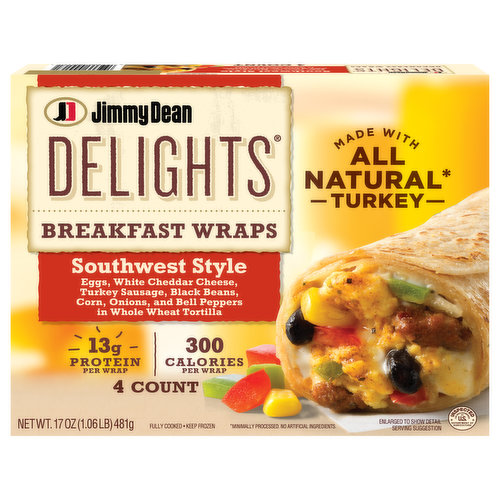 Kickstart your day with Jimmy Dean Delights Southwest Style Breakfast Wraps. Featuring eggs, white cheddar cheese, all natural turkey sausage, black beans, corn, onions and bell peppers wrapped in a whole wheat tortilla, these frozen fully cooked breakfast wraps are perfect for a delicious, portable breakfast. With 13 grams of protein per serving and no artificial colors or flavors, our wraps are a tasty microwavable breakfast option for your busy mornings. For a delicious breakfast at home or on the go, microwave and serve. Includes one 17 oz package of 4 southwest style breakfast wraps. Jimmy Dean once said, "Sausage is a great deal like life. You get out of it what you put in." Which pretty much sums up his magic formula for having a great day. Today, the Jimmy Dean Brand team brings you many ways to add some sunshine to your morning. Minimally processed, no artificial ingredients