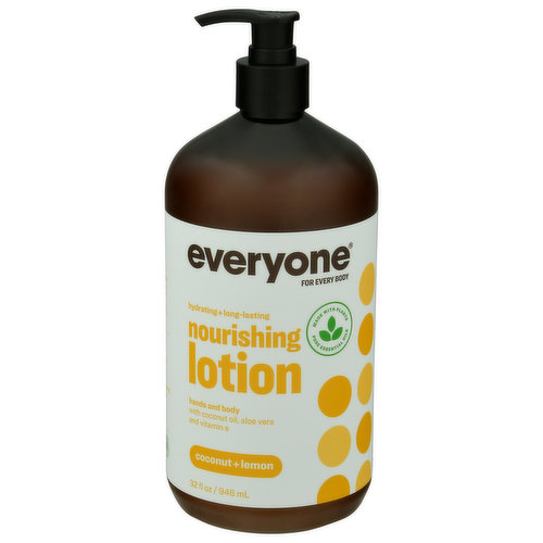 Certified gluten-free. gfco.org. For every body. Hydrating + long-lasting. Hands and body with coconut oil, aloe vera and vitamin E. Made with plants. Pure essential oils. Real good stuff inside! We say no to fake fragrances, dyes and fillers. And yes to quality ingredients, plant extracts and zero-waste. Why? Because we believe in goodness, botanical body care that's better for you and the planet - that's good stuff everyone can enjoy. Smells like real coconuts and lemons! Nope! No animal testing; no parabens, dyes, phthalates; no synthetic fragrance; no sketchy fillers; no harsh chemicals; no worries! Yep! Hypoallergenic+ dermatologist tested; plant extracts+ pure essential oils; zero-waste manufacturing; 100% recycled bottle; family-owned; made with love! Soak up the goodness with our multitasking 2in1 hand and body lotion. eoproducts.com. Follow us: Instagram: everyoneproducts. Certified B Corporation. 100% PCR. No animal testing. Zero-waste manufacturing. 00% recycled bottle. Please recycle. Cruelty free. EWG Verified: For you health. ewg.org. Made in the USA from domestic and globally sourced ingredients.