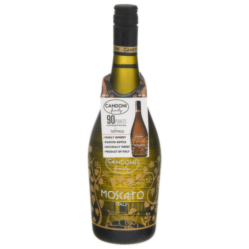 Gold Medal & Best Buy Tastings: 90 points. Family winery. Painted bottle. Naturally sweet. Rich in Italian Heritage, Candoni continues the legacy of not only our family, but also of the Etruscans, a vibrant culture that lived in Italy 2,500 years ago becoming the first wine growers. Our Candoni Moscato is remarkably fruity and fragrant. It has an excellent balance of sweetness and acidity. Please recycle this bottle.