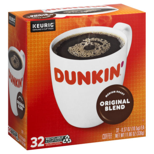 32 recyclable (not recycled in all communities) K-Cup pods. Genuine K-Cup pods. It's a success story that started in 1950 as a single donut shop in Quincy, Massachusetts, and now includes over 9,500 shops. Sure, Dunkin' has been known for its donuts over the years, but it's our coffee that's kept America running. And just what kind of brew could create such a stir? Open this box and find out. Original Blend is the coffee that made Dunkin' famous, featuring a rich, smooth taste unmatched by others. Brew yourself a cup and enjoy the great taste of Dunkin' at home. Only Genuine K-Cup Pods are optimally designed by Keurig for your Keurig coffee maker to deliver the perfect beverage in every cup. 100% premium Arabica coffee. dunkinathome.com. Keurig.com/recyclable. Keurig.com/GenuineK-CupPod. www.Keurig.com. how2recycle.info. Find us on Facebook.com/keurig or Twitter.com/keurig. Visit dunkinathome.com for more information. For comments or questions, call 1-800-374-5308. To learn more, visit Keurig.com/GenuineK-CupPod. Visit Keurig.com/recyclable to learn more. For more information about Dunkin' at Home products contact: The J.M. Smucker Company, Orrville, OH 44667 USA 1-800-374-5308/dunkinathome.com. For brewer inquiries contact: Keurig Green Mountain, Inc. 1-866-901-Brew/1-866-901-2739 www.Keurig.com. Love this coffee? Try our other delicious varieties. Peel, empty, recycle. The carton is made with recycled material. Please recycle.