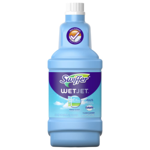 Swiffer WetJet Multi-Surface Floor Cleaner is a pre-mixed cleaning solution made especially for the Swiffer WetJet all-in-one power mop. It's safe* and fast drying formula dissolves dirt and tough sticky messes to reveal the natural beauty of your floors. *do not use on unfinished, oiled or waxed wooden boards, non-sealed tiles or carpeted floors because they may be water sensitive.
