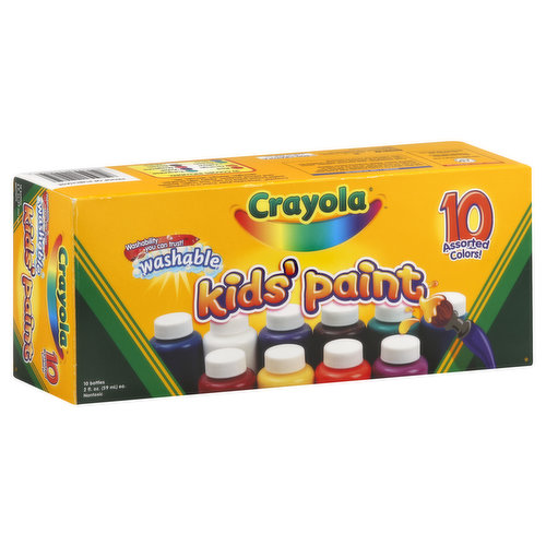 10 Colors Included: red; orange; yellow; green; blue; turquoise; violet; magenta; brown; white. Washability you can trust! Crayola washable paints are designed to easily wash from skin and most children's clothing. Washable. Nontoxic. 10 assorted colors! Crayola Washable Kids' Paint is a nontoxic, water-based paint for arts and crafts, posters and school projects. Apply with brushes, sponges, stamps, stencils, etc. Conforms to ASTM D 4236. Meets performance standard ANSI Z356.5. All Crayola art materials are nontoxic. Made in USA.