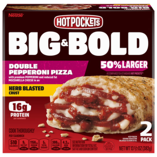 Hot Pockets Sandwiches, Herb Blasted Crust, Double Pepperoni Pizza, 2 Pack