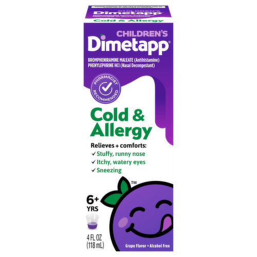 Dimetapp specializes in children’s medicines, so we know the importance of not giving your child more than they need. Our kid-friendly formulas are designed to target specific symptoms—so your child gets everything they need, and nothing they don’t. Dimetapp Cold & allergy for kids relieves and comforts nasal congestion, runny noses, itchy, watery eyes, and sneezing. Our formulation is alcohol-free and has a sweet grape flavor kids love. explore our full line of products for kids including Dimetapp cold & cough, multi- symptom cold & flu, and nighttime cold & congestion and choose the children’s cold medicine that’s right for your child’s symptoms. For over 50 years, moms have trusted Dimetapp to help their kids feel better, faster.