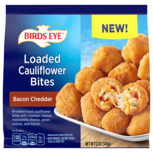 New! Cook as directed. A new twist on veggies! We combined riced cauliflower with tasty bacon and gooey cheese, then coated them with a golden breading. These delicious bites bake crisp out of the oven and are perfect for dipping in your favorite sauce!