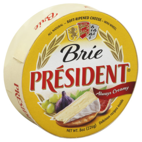 Always creamy. All natural. Mini-wheel. Delicious recipes inside. Let president be your specialty cheese coach. The easy way to pair & share. President Brie is the leading soft cow's milk cheese with a delicious buttery and creamy taste and an edible rind. Wine & Beer Pairing Suggestions: Champagne, cru beaujolais, merlot, sauvignon blanc, bordeaux, pilsner, cherry ale. Pairs Well With: Perfect for quick entertaining or for indulgent recipes like Brie en croute. Pairs with apricots, apples, berries, pears, quinces, pine nuts, pistachios, and olives. Did you know? Remove your Brie from the refrigerator and allow it to warm up at room temperature for 30 to 45 minutes. The flavor and aroma will fully energy and your Brie will be even creamier! Questions or comments 1-800-641-8306. www.presidentcheese.com.