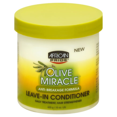 Daily treatment, hair strengthener. New. African Pride Olive Miracle formula is enriched with extra virgin olive oil for the ultimate in silky smooth deep conditioned hair and a moisture-rich healthy scalp. Our new featherlight leave-in conditioner helps protect hair from damage while strengthening hair deep inside for a stronger healthier look. In just one easy step, this unique daily treatment conditions and moisturizes hair to help repair and strengthen dry, brittle, damaged hair. Use daily on dry hair or after shampooing on wet hair. Quick absorbing, non-greasy featherlight formula. Excellent for added protection before blow drying. Made in USA.