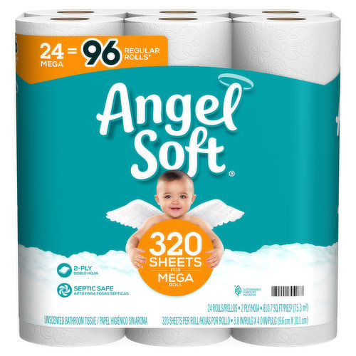 24 mega = 96 regular rolls (Based on number of sheets in Angel Soft Regular Roll). Septic safe. An ideal balance of softness & strength. 1 Mega roll equals 4 regular rolls (based on number of sheets in Angel Soft Regular Roll) for longer lasting rolls and less roll changes. Flushable and septic safe for standard sewer and septic systems. 2-ply with SoftShield layers. Sustainable Forestry Initiative: Certified sourcing. www.sfiprogram.org. Signup for savings and more at angelsoft.com/savings.