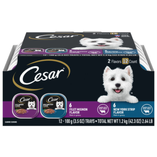 Calorie Content (Calculated): 943 kcal ME/kg, 94 kcal ME/tray. Cesar Canine Cuisine is formulated to meet the nutritional levels established by the AAFCO Dog Food Nutrient Profiles for Maintenance. Calorie Content (Calculated): 943 kcal ME/kg, 94 kcal ME/tray. Cesar Canine Cuisine is formulated to meet the nutritional levels established by the AAFCO Dog Food Nutrient Profiles for Maintenance.