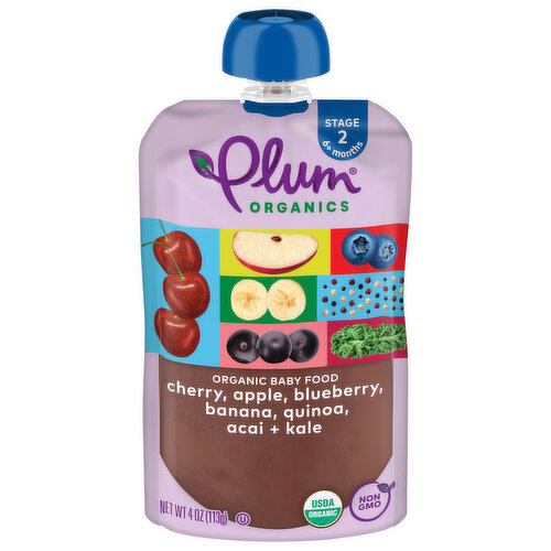 Plum Organics Stage 2 Organic Baby Food Cherry, Apple, Blueberry, Banana, Quinoa, Acai + Kale 4oz Pouch
