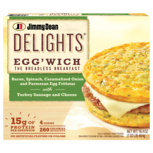 Bring power to your mornings without all of the bread and carbs! Jimmy Dean Delights Bacon, Spinach, Onion Egg'wich showcase savory turkey sausage and cheese layered between two egg frittatas flecked with bacon, spinach and parmesan. With 14 grams of protein per serving and only 8 grams of carbohydrates, it's a sensible on-the-go breakfast packed with protein. Simple to prepare and ready in minutes, our egg'wich is made with premium ingredients and the Jimmy Dean quality you know and trust. Simply heat and go. One package includes 4 Bacon, Spinach, Onion Egg'wich sandwiches. Jimmy Dean once said, "Sausage is a great deal like life. You get out of it what you put in." Which pretty much sums up his magic formula for having a great day. Today, Jimmy Dean Brand brings you many ways to add some sunshine to your morning. Because today's your day to shine on™.