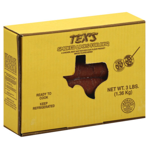 A chicken, beef and textured soy flour product smoke flavor added. Ready to cook. Packed in natural pork casing. Texified. Inspected for wholesomeness by US Department of Agriculture.