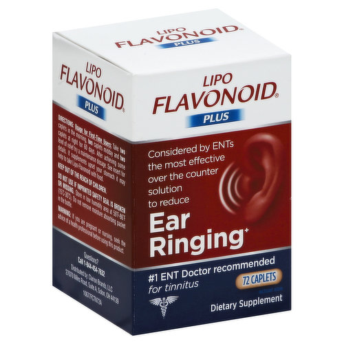 Dietary Supplement. Considered by ENTs the most effective over the counter solution to reduce ear ringing (Survey data on file). No. 1 ENT doctor recommended for tinnitus. Don't be fooled by imitators. Only Lipo-Flavonoid Plus: contains the exclusive Tisina Complex, a proprietary blend of high potency ingredients, clinically shown to be important to functionality of the inner ear; is supported by over 50 years of clinical use; is the No. 1 recommendation of ENTs for their patients with ringing in the ears. Learn more and read our white paper at www.lipoflavonoid.com. Results in 60 days or your money back. Visit lipoflavonoid.com/refund for more details. The makers of Lipo-Flavonoid Plus do not manufacture any store brands. Questions? Call 1-844-454-7632. (This statement has not been evaluated by the Food and Drug Administration. This product is not intended to diagnose, treat, cure or prevent any disease.)