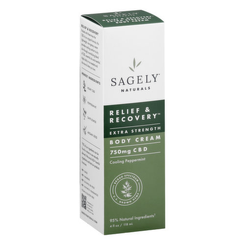 Sagely Naturals Body Cream, Extra Strength, 750mg CBD, Relief & Recovery, Cooling Peppermint