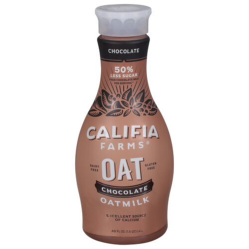 50% less sugar than chocolate milk per serving (1 cup of chocolate milk contains 24g of sugar vs. 1 cup of Califia farms chocolate oatmilk contains 12g of sugar). Califia farms. Pronounced Cal-uh-Fee-ahh. Just like our California, we're name after the legend of Queen Califia. Delight in our deliciously creamy. Chocolate oat milk. Made with simple plant- based ingredients and less sugar than than chocolate milk. It's an indulgence you can feel good about. Carrageenan free. Always plant based