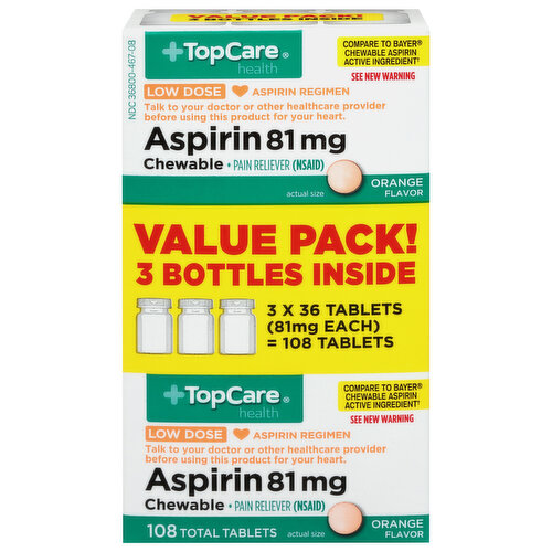 TopCare Aspirin, Low Dose, 81 mg, Chewable Tablets, Orange Flavor, Value Pack