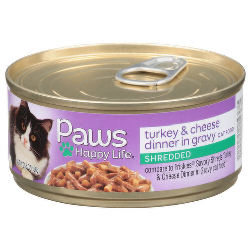 Calorie Content (calculated): Metabolizable Energy (ME) 846 kcal/kg; 132 kcal/can. Paws Happy Life Shredded Turkey & Cheese Dinner in Gravy Cat Food is formulated to meet the nutritional levels established by the AAFCO Cat Food Nutrient profiles for maintenance.