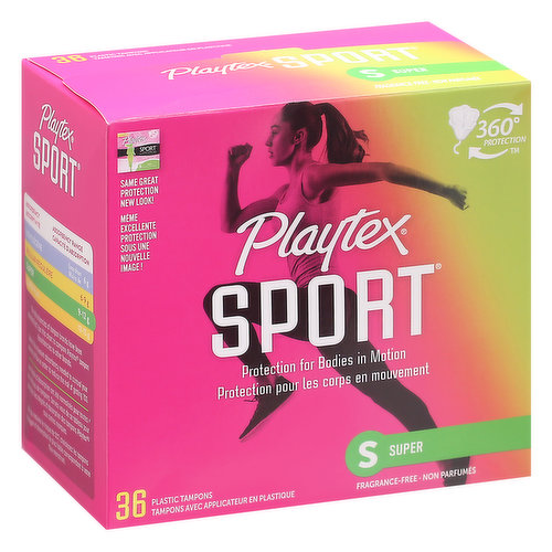Same great protection. New look! 360 Degrees Protection. Protection for bodies in motion. Fragrance-free. Absorbency: Light; Absorbency Range: Less than 6g; Absorbency: Regular; Absorbency Range: 6-9 g; Absorbency: Super; Absorbency Range:9-12 g; Absorbency: Super Plus; Absorbency Range:12-15 g. The absorbencies of tampon brands have been standardized. Select the minimum absorbency needed to control your menstrual flow in order to reduce the risk of getting TSS. Designed to fit your body and its every move. A protective leakage barrier so you can play on! Flex-Fit: Flexible interlocking fibers work quickly to trap leaks. Leak Defense: Anti-leak back up layer for extra protection. Contoured Tip & No-Slip Grip Applicator: For comfortable, precise placement.