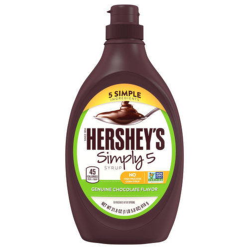 HERSHEY'S Simply 5 Chocolate Syrup gives you delicious genuine chocolate flavor without all the complicated ingredients, making it the simplest decision you'll make all day. Genuine chocolate flavor packed in the classic bottle of HERSHEY'S Syrup can do no wrong. Want to add it to your milk, hot cocoa and coffee, or drizzle it over your brownies and cakes, or use it to make chocolate floats and sundaes? No matter what you're making or who is at your gathering, pop open the lid, then squeeze, swirl, dot or drizzle the syrup onto some of your favorite drinks and desserts. Squeeze the syrup onto your ice cream sundaes as a tasty topping or stir it into a cold glass of milk  chocolaty milk mustaches, anyone? Do you need a little sweetness in your midday coffee to make a mocha, some extra goodness in your hot cocoa or a chocolate drizzle over your dessert? Enjoy the sweet, savory and delicious taste of chocolate syrup on everything from cakes to cookies. Put all your creative vibes down on the counter and start designing edible crafts, too. HERSHEY'S Chocolate Syrup makes great holiday gifts for the bakers in your family or can help one-up your baking recipes. Once you're finished, place the bottle in the refrigerator to keep the syrup fresh.