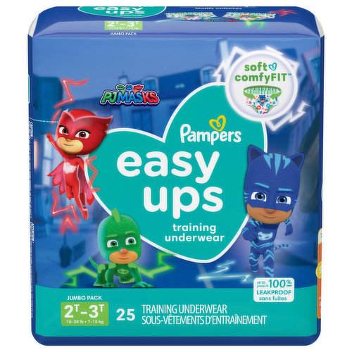 Potty-train like a hero with PJ Masks Pampers Easy Ups Training Pants. Featuring your favorite heroes Catboy, Owlette and Gekko, these super soft and comfy training pants fit just like real cotton undies with a 360 stretchy waistband that is gentle on your child’s skin and easy to pull up and down. Plus, they’re dermatologically tested, hypoallergenic, and free of parabens and latex.* That’s just one of the many reasons Pampers is the #1 pediatrician recommended brand.When it comes to potty accidents, your toddler will be covered with up to 100% leakproof protection. To protect where leaks happen most, Easy Ups are made with Dual Leak-Guard Barriers around the leg cuffs while Extra Absorb Channels quickly absorb accidents and lock them away from your toddler's skin. And when it's time to take them off, Easy-Tear Sides make removal and disposal a cinch.Potty-training is a journey and can take your toddler 90 days on average to catch on. So, Pampers Easy Ups makes it easy with each box containing a one-month supply of training pants. Available in sizes 2T–3T (16–34 lb), 3T–4T (30–40 lb), 4T–5T (37+ lb) and 5T– 6T (41+ lb).*Natural Rubber