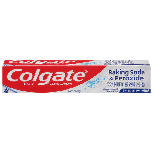 Baking soda & peroxide whitening. Cleans deep and whitens teeth. Releases pure oxygen bubbles for a clean, fresh sensation. Deep cleaning action. Removes plaque & impurities. Whitens teeth. Recyclable Tube & Carton: Learn more about our recyclable tube at colgate.com/goodness. Save Water: Turn off the tap while brushing.
