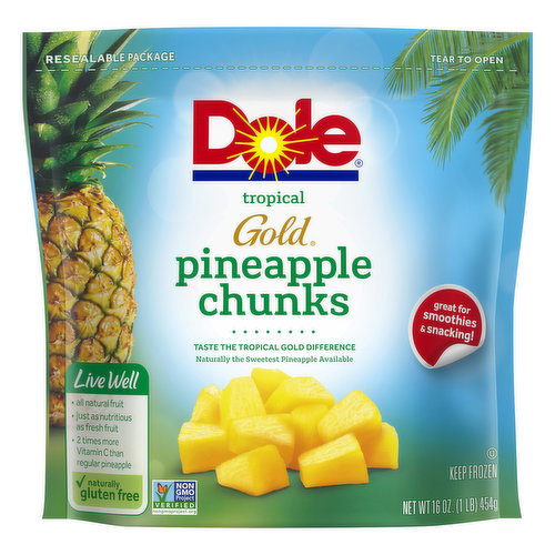 All natural fruit. Naturally gluten free. Live Well: All natural fruit; Just as nutritious as fresh fruit; 2 times more than Vitamin C than regular pineapple. Non GMO Project verified. nongmoproject.org. Great for smoothies & snacking! Taste the tropical gold difference. Naturally the sweetest pineapple available. Sharing the Sunshine. At Dole, we bring you the best fruit nature has to offer, so every bite is filled with sunshine. Our Pineapples: picked at peak sweetness & ripeness; frozen to lock in flavor; checked for quality assurance. Satisfaction guaranteed. Call 1-800-232-8888. dolesunshine.com/frozen-fruit. dolesunshine.com/sustainability. Connect with us (at)dolesunshine. Facebook. Instagram. Pinterest. For more inspiration and ideas, please visit dolesunshine.com/frozen-fruit. Resealable package. For more than 100 years, Dole has been committed to our environment, our associates and the communities in which we operate. To learn how, please visit dolesunshine.com/sustainability. Packed in U.S.A. Sharing the Sunshine

At Dole, we bring you the best fruit nature has to offer, so every bite is filled with sunshine.; Our Pineapples

Picked at peak sweetness & ripeness. Frozen to lock in flavor.; For more than 100 years, Dole has been committed to our environment, our employees and the communities in which we operate.