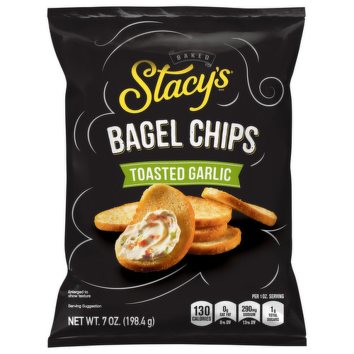 No artificial colors or flavors. Per 1 oz. Serving: 130 calories; 0 g sat fat (0% DV); 290 mg sodium (13% DV); 1 g total sugars. Low saturated fat (4.5 grams of total fat per serving). No MSG. Twice baked. Delicious hearty crunch. Always baked with the real flavor of toasted garlic. Perfect for your avocado & tomato elevated snack or deliciously simple veggie spread. stacyssnacks.com. SmartLabel: Scan for more food information. Pinterest. Facebook. Instagram. Visit stacyssnacks.com.