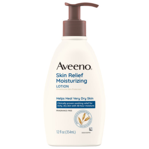 Aveeno Skin Relief Fragrance-Free Moisturizing Body Lotion is a rich, yet fast-absorbing lotion that helps heal and relieve very dry skin. Gentle enough for sensitive skin, the nourishing daily body lotion provides clinically proven soothing relief for itchy, dry skin with 48-hour moisture. This dimethicone skin protectant features a soothing Triple Oat and hydrating natural shea butter formula which includes oat flour, oat extract and oat oil that provides soothing relief for itchy, dry skin and locks in long-lasting moisture. Our fast-absorbing lotion is suitable for sensitive skin and has been allergy tested and is free of fragrances, parabens and dyes. Aveeno uses the goodness of nature and the power of science to keep your skin looking healthy and feeling balanced. Experience all-day moisture and help heal very dry skin with this non-greasy, non-comedogenic body moisturizer, from the dermatologist-recommended skincare brand for over 70 years.