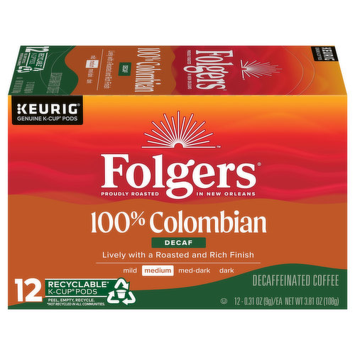 Folgers 100% Colombian coffee lets you enjoy the distinctively rich and full-bodied taste of authentic Colombian beans without all the caffeine.The best part of wakin' up is now the convenience in your cup! With Folgers K-Cup Pods, there’s no measuring and no filter. Just place your K-Cup Pod in your Keurig Brewer, and in less than a minute, you can enjoy one perfectly brewed cup of Folgers Coffee.