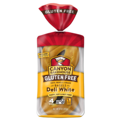 Bring classic, deli-style bagels to your pantry with Canyon Bakehouse® Gluten Free Deli White Bagels. These 100% whole grain bagels are certified gluten free without compromising taste or texture. Plus, they're free from allergens like dairy, nuts and soy so your whole family can enjoy the taste of fresh bakery bagels without hesitation. Find Canyon Bakehouse Deli White Bagels in the fresh bread aisle and eat within five days of opening the inner bag. These deli bagels taste delicious toasted with cream cheese or stacked with eggs and bacon for a breakfast sandwich. Stock your pantry with all the Canyon Bakehouse gluten free products, including gluten free bread loafs, English muffins, hamburger buns and more.
For more than 10 years, Canyon Bakehouse has raised the bar on gluten free baking, making delicious offerings the whole family will enjoy — so everyone can Love Bread Again®.