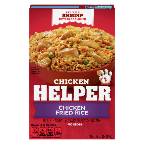 Chicken Fried Rice Chicken Helper is made with REAL spices for the flavors you love most. Our products are made with NO artificial flavors or colors from artificial sources. Add Your Own Twist! Just before serving, add cooked mixed vegetables and green chile peppers. Serve with hot sauce.