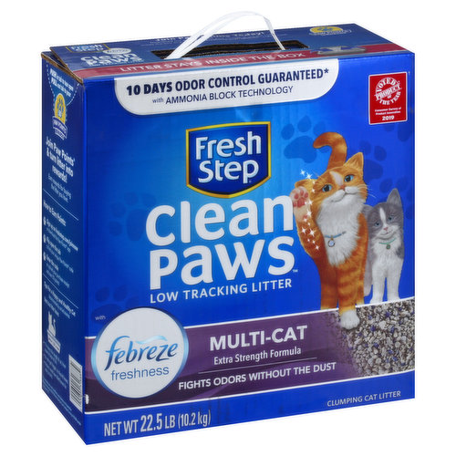 With ammonia block technology. Extra strength formula. Fights odors without the dust. Litter Stays Inside the Box: Helps keep paws and your home clean. 10-Day Odor Control: Eliminates odors for ten days guaranteed. More odor-fighting power for multiple cats. Pet and Paw Friendly: Created by the makers of Fresh Step with your cat's health and happiness in mind. Larger Particles: A special blend of larger particles is designed to stick less to your cat's fur and stay in the box. Clean Paws Multi-Cat. Regular Multi-Cat. Sold by weight, not by volume. Contents may settle during shipping. 10 days odor control guaranteed (For complete terms and condition, see freshstep.com/guarantee). www.freshstep.com. how2recycle.info. Questions or comments? Please visit our website at www.freshstep.com or call 1-800-325-9259. Paw Points Rewards (For complete terms and condition, see freshstep.com/guarantee): Join Paw Points Today! Download our app to upload your receipt or use the code inside the box and visit www.freshstep.com/joinnow to learn how. Join Paw Points '& turn litter into rewards! Earn rewards for buying the litter you love. How to Earn Points: Sign up on freshstep.com/joinnow or download the Paw Points app. Flip open the tab to find your unique Paw Points code Enter the code or upload your purchase receipt and earn 50 points! Voted Product of the Year: Consumer Survey of Product Innovation 2019 (Product of the Year 2019 Winner in the Cat Care Category. Survey of 40,000 people by Kantar TNS). Made in USA of global ingredients.